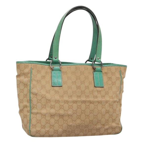GUCCI GG Canvas Tote Bag Beige Green Silver - Picture 1 of 14